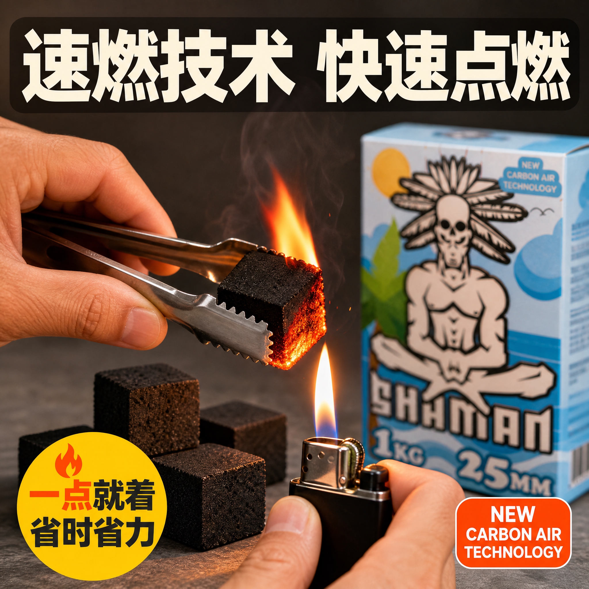 [主图-5] 速燃技术图：展示方炭被火焰快速点燃的瞬间状态，突… - 图片创意预览