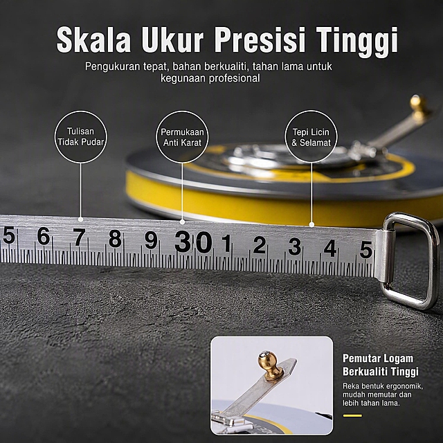 Cross-border e-commerce detail close-up main image for steel measuring tape, material and craftsmanship showcase, Malay language. Dark charcoal gray industrial background with subtle texture. Main visual: extreme close-up of the steel tape blade pulled out, showing clear black measurement markings on silver steel surface, with the disc tape case softly blurred in the background. The tape blade occupies the lower half of the frame, horizontal orientation, measurement numbers crisp and readable. Upper area has Malay headline: "Skala Ukur Presisi Tinggi". Three small circular callout labels with leader lines pointing to different details: 1) "Tulisan Tidak Pudar" pointing to scale markings 2) "Permukaan Anti Karat" pointing to steel blade surface 3) "Tepi Licin & Selamat" pointing to blade edge. Bottom right corner shows a small inset image of the metal rewind handle mechanism. Keep all product details exactly consistent with input product images. Dramatic side lighting emphasizing metal texture and depth of field. Professional industrial photography quality. All text in Malay. 1:1 square ratio, ultra high definition. Negative: blurry markings, deformed product, Chinese text, watermarks, colorful background, distorted scale numbers.