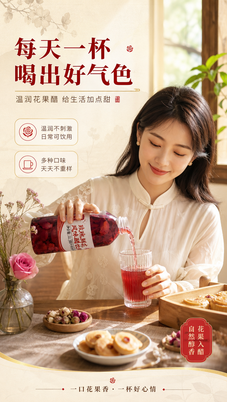 [商品] 使用【图1】中的玫瑰鲜花风味醋饮料瓶；保留瓶身形状、… - 图片创意预览