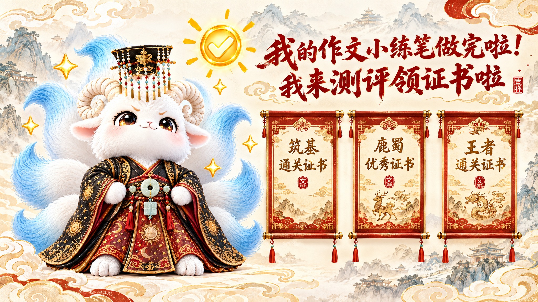 国风作文证书宣传图，1080乘605像素。左侧是戴帝冕穿黑金汉… - 图片创意预览