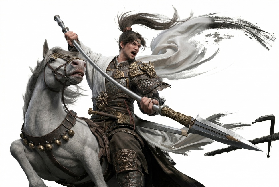 将这张图片改为3D建模风格，突出3D质感，精细刻画皮肤、铠甲纹理、毛发等细节，打造出3A游戏级的视觉效果，保留原有骑马武将持枪冲锋的构图和内容预览效果