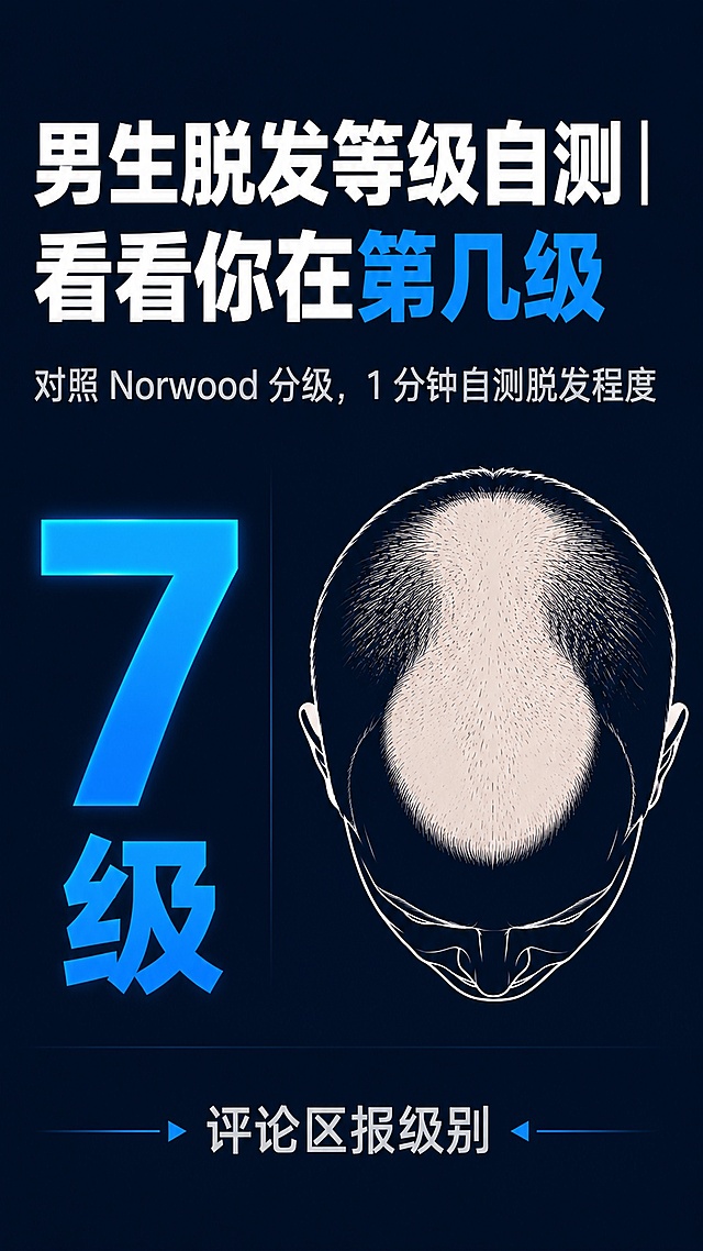 抖音竖版海报，尺寸1080×1920px，藏青色底色，主标题"男生脱发等级自测｜看看你在第几级"，副标题"对照 Norwood 分级，1 分钟自测脱发程度"，左侧放置放大加粗大字"7 级"，右侧放置男性头顶轮廓图，底部小字标注"评论区报级别"，配色为藏青底+白色标题+亮蓝高亮+浅灰辅助文字