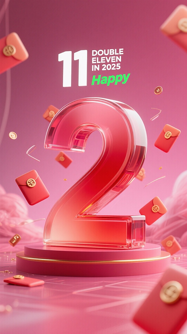 红色渐变磨砂玻璃质感数字 “2”，背景为玫红色。顶部设置白色 “11” 数字与 “DOUBLE ELEVEN IN 2025” 文字，搭配绿色 “Happy” 标识，数字周围装饰红包元素，促销氛围