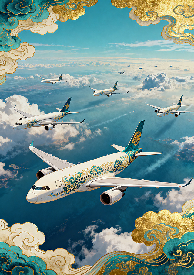 一带一路空中丝路主题插画，浩瀚长空，现代客机编队翱翔，传统祥云环绕天际，流云漫卷，青蓝配鎏金配色，工笔纹样点缀，古今交融，意境大气悠远，竖版海报，画面舒展不带任何文字，A3大小