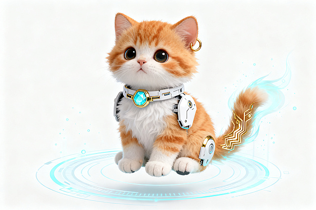 一只迷你小巧的幼态大橘猫，体型娇小玲珑，橘白渐变的短毛蓬松柔软，毛发纹理细腻真实，自带软乎乎的毛绒质感；脸型圆嫩小巧，大大的圆眼睛清澈无辜，眼神懵懂乖巧，表情软萌治愈；单侧耳朵带有精致的金色小圆环装饰；佩戴白金色轻量化未来科技项圈，项圈中央镶嵌一颗发光的浅蓝色圆形能量宝石，两侧带有小巧的白色机械护甲装饰；尾巴上点缀金色科技纹路与淡蓝色微光能量光效；周身环绕迷你版淡蓝色全息光环、圆形能量法阵、细碎光点；猫咪呈放松的悬浮坐姿，四肢软乎乎地张开，整体姿态娇小可爱，兼具真实幼猫的软萌感与清新的未来科幻氛围，画面干净清爽，无多余元素。真实猫咪质感，纯白色背景