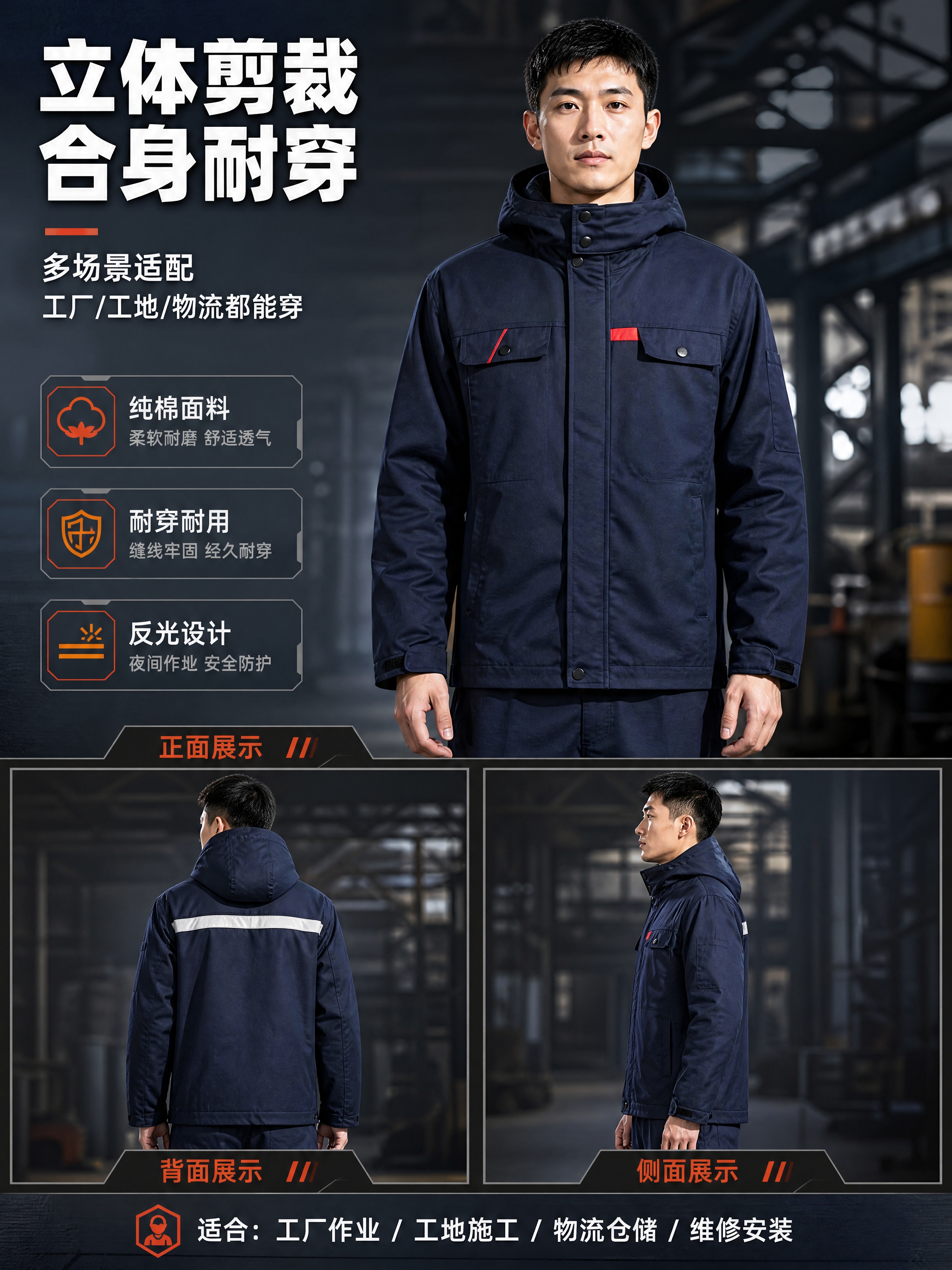[商品] 使用【图1】正面 +【图2】背面藏青色连帽纯棉棉衣工… - 图片创意预览