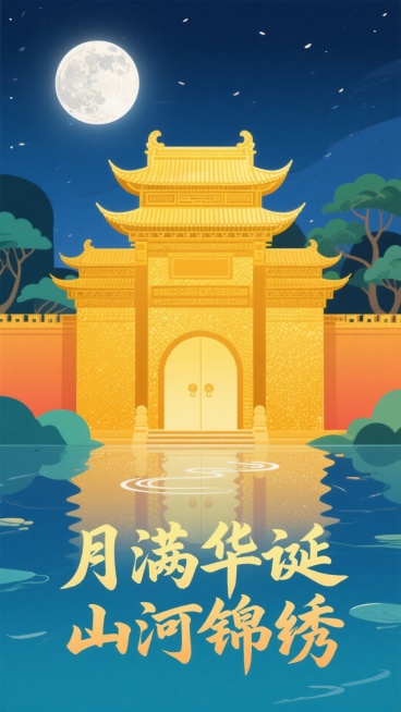 在静谧的中式园林场景中，一轮皎洁的明月高悬夜空，洒下银白的光辉。一座传统中国宫殿大门矗立眼前，整体呈现金色，拥有多层结构与弯曲的飞檐，飞檐上的瓦片纹理清晰，边缘微微上翘，尽显古韵。大门表面覆盖着闪闪发预览效果