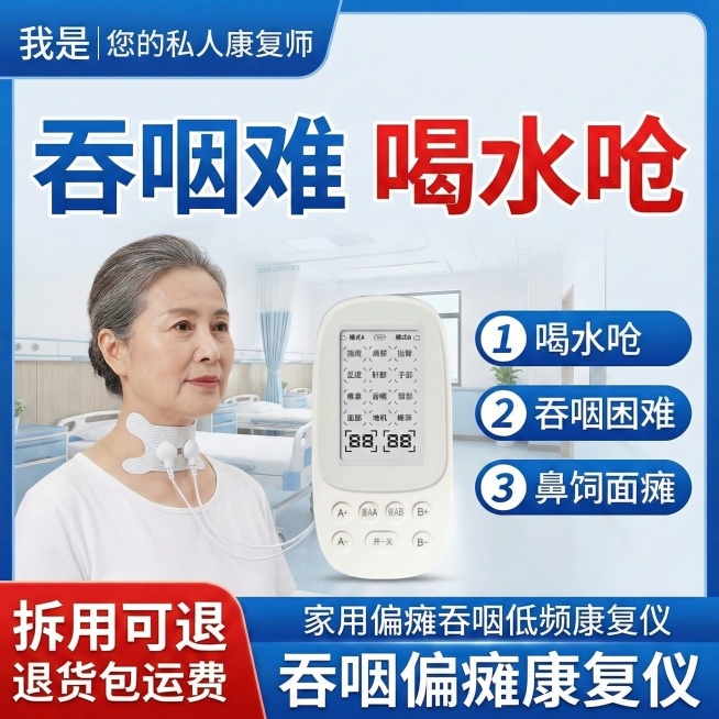 将图中模特的吞咽贴片替换为新的白色蝴蝶形网状吞咽电极贴，贴片带两个白色接头，清晰无遮挡，其余元素（产品、文字、场景、模特）保持不变，维持整体医疗风格和排版。预览效果