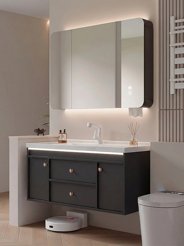 将原图中的黑色龙头替换成参考图里的白色龙头，保持浴室柜整体风格、背景和其他元素都不变