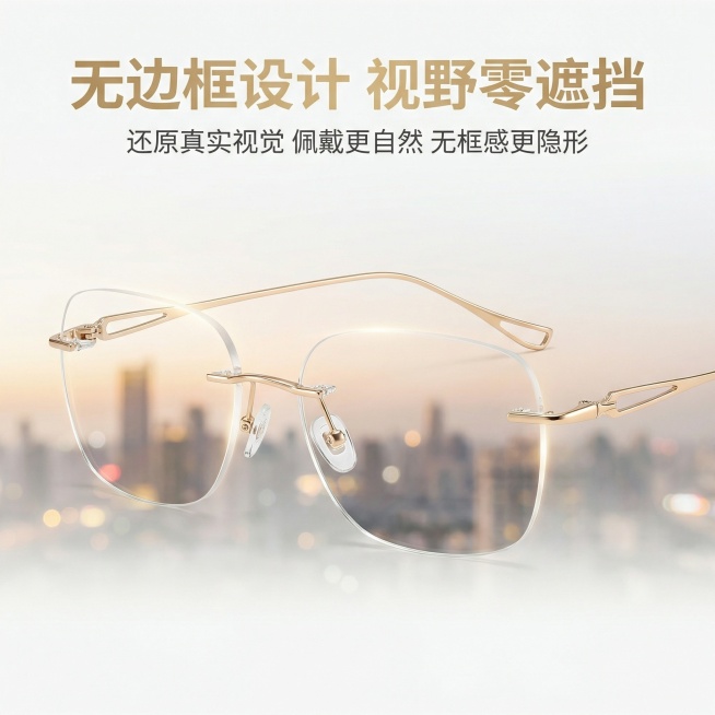 8K 超高清商业摄影，1:1 正方形竖版构图，极简轻奢高级感杂志风排版，画面主体为无框香槟金近视眼镜，产品呈45度前侧角度摆放，镜片正对镜头，呈现高透无遮挡的通透质感，背景为渐变柔焦的城市远景，透过镜预览效果