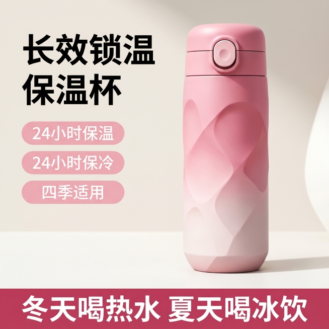 [单张主图] 粉色渐变保温杯，爆款促销感主图，主打长效锁温保温保冷功能。
[构图版式] 采用左文右品促销型版式，左侧放置标题和卖点胶囊，右侧展示产品主体，底部放置高对比促销信息条。
[画面主体] 产品预览效果