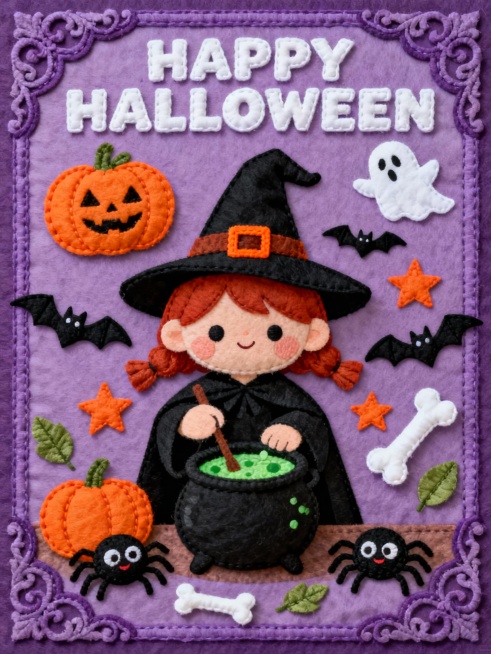 童趣布艺拼贴风格万圣节主题插画，紫色哥特雕花边框，背景紫色，上方有白色立体字“HAPPY HALLOWEEN”，画面中心是红棕色头发的可爱小女巫，戴黑色带橙色扣带的女巫帽，穿黑色斗篷，搅拌黑色坩埚里的预览效果