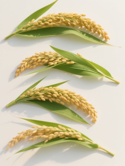 高清晰度摄影风格，超写实主义，一组4个不同样式、不同材质的水稻造型，上下两行对齐排列，每个水稻造型细节丰富，稻穗呈现自然饱满的金黄色，稻叶为鲜亮的翠绿色，具有清晰的叶脉纹理和自然的弯曲形态，光影效果为柔和的自然光，高光处明亮但不过曝，阴影部分细节清晰，整体色彩和谐统一，背景为纯净的浅色，突出水稻主体，构图均衡对称，画面简洁干净，具有强烈的视觉真实感和质感表现。预览效果