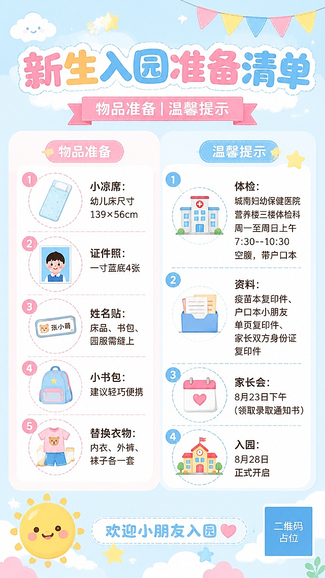 一张简约清新风格的幼儿园新生入园准备清单海报，竖版9:16比例。整体采用柔和的马卡龙色系，以淡蓝色和淡粉色为主色调，搭配白色和浅米色，营造温馨童趣的氛围。画面顶部居中是大标题"新生入园准备清单"，字体圆润可爱，下方有副标题"物品准备 | 温馨提示"。画面分为左右两大信息区块：左侧为"物品准备"区块，右侧为"温馨提示"区块，两个区块用柔和的圆角卡片区分，背景为浅白色半透明底。物品准备区块内包含以下条目，每条配有简洁的小图标：1. 小凉席：幼儿床尺寸139×56cm；2. 证件照：一寸蓝底4张；3. 姓名贴：床品、书包、园服需缝上；4. 小书包：建议轻巧便携；5. 替换衣物：内衣、外裤、袜子各一套。温馨提示区块内包含以下条目：1. 体检：城南妇幼保健医院营养楼三楼体检科，周一至周日上午7:30--10:30，空腹，带户口本；2. 资料：疫苗本复印件、户口本小朋友单页复印件、家长双方身份证复印件；3. 家长会：8月23日下午（领取录取通知书）；4. 入园：8月28日正式开启。画面底部有一行小字"欢迎小朋友入园"，旁边有可爱的小太阳、小云朵、小星星等童趣装饰元素点缀。整体排版整齐有序，信息层次分明，留白充足，字体清晰易读，适合家长阅读。画面中所有数字必须精确渲染，不得错位、遗漏或编造。画面中所有信息区域必须填充完整合理的内容，不得出现空白框、空白占位、横线待填写区域、空列表项、空单元格。画面中所有二维码区域使用纯色方块占位符呈现，方块中央标注"二维码占位"文字，严禁生成任何可识别的二维码图案。版式精美，超高清画质。