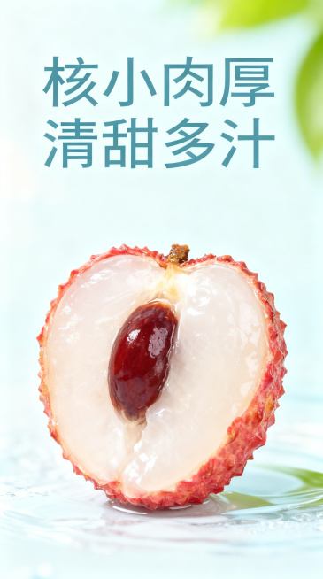 基于原图的新鲜荔枝，生成电商详情图，添加文案"核小肉厚 清甜多汁"，展示单颗荔枝对半切开，小核大果肉，摆放清爽干净背景，突出高可食率特点预览效果