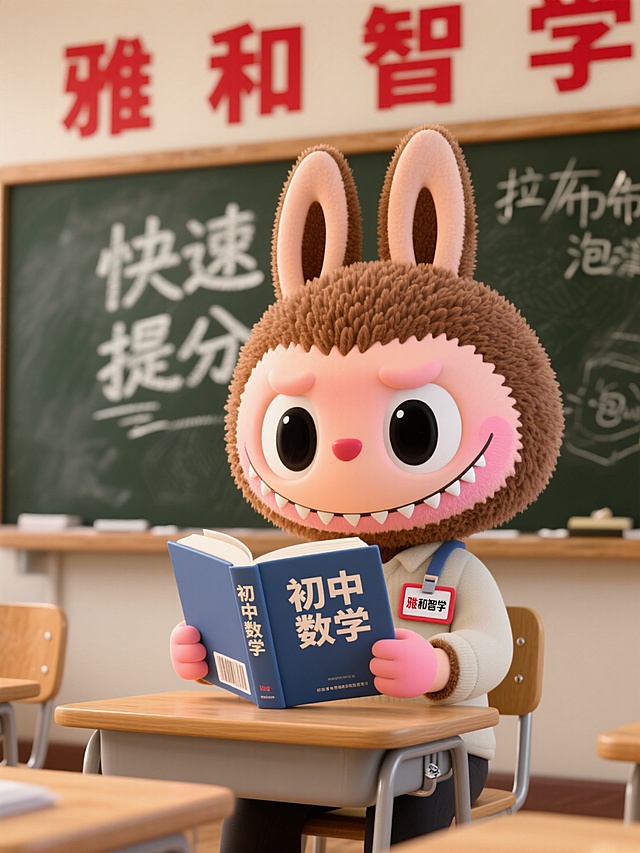 它在教室坐着立起来看书，书上写着“初中数学”，胸右侧有雅和智学的工牌，背后黑板写着“快速提分”，黑板上方四个红字“雅和智学”