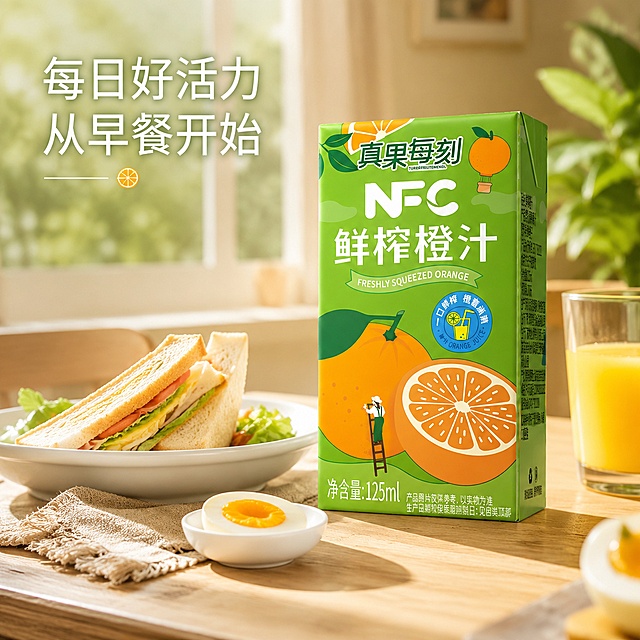 [主图-8] 早餐搭配场景展示
[氛围风格] 温馨治愈，日常生活
[画质] 商业摄影质感、光线柔和通透、产品清晰真实、画面干净高级
[元素] 苹果汁包装盒放在浅色原木餐桌上，搭配三明治和水煮蛋，阳光从窗户照射进来，营造温暖早餐氛围，保持包装盒产品外观和颜色与原图一致，主体清晰，占比约60%
[光影] 清晨侧逆光，温馨柔和，空气通透感强
[配色] 原木暖色调搭配产品绿色，温暖清新
[视角构图] 45度斜侧视角，生活化自然景深
[文字版式] 左上角短句文案 "每日好活力 从早餐开始"，浅色文字不抢主体
[输出要求] 1:1 比例，文字清晰可辨，超高清商业摄影质感
[负向提示词] 变形，文字错乱，产品图模糊，背景杂乱，水印，电商平台Logo