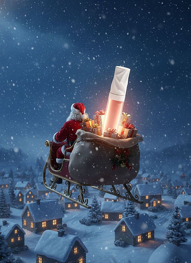 圣诞老人坐在雪橇上的背影，雪橇处于飞行状态，悬浮在小镇上空，圣诞老人背着礼物袋，袋口露出多份包装精美的圣诞礼物，礼物袋中插着一个巨型产品正在发光，背景是夜晚的雪景小镇，房屋屋顶覆盖厚雪，窗户透出暖黄色灯光，天空飘着细密雪花。