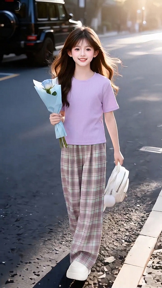 把图1的短袖和裤子给图的2的人物穿上，保留原场景光影，保持图2的人物的五官和发型不变，图片宽高尺寸不变，背景不变，鞋子不变，人物姿势不变，保持图1的短袖和裤子的款式材质不变和颜色不变