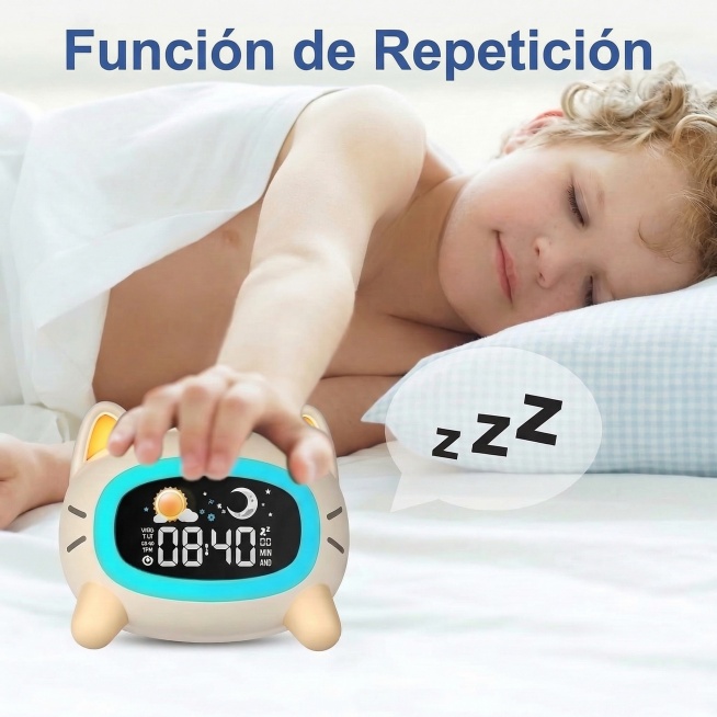 将图中'Snooze Function'翻译为'Función de Repetición'，不改变产品和其他画面内容，保持尺寸1200x1200预览效果