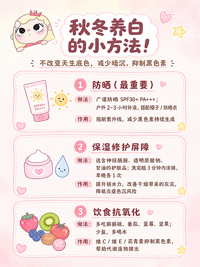 小红书笔记内页，与封面风格完全统一的粉色可爱卡通风，ins清新简约，版式精美，小红书笔记质感。3:4竖版，8K超清。
顶部保留小标题：「秋冬养白的小方法!」，字体稍小，深棕粉色圆润粗体，下方副标题「不改变天生底色，减少暗沉、抑制黑色素」浅棕色小字。
主体内容为三个护肤要点的详细说明，分区块清晰排列，每个要点占一个粉色虚线圆角卡片区块，从上到下依次排列：

### 1. 防晒（最重要）
- 做法：广谱防晒 SPF30+ PA+++；户外 2-3 小时补涂，搭配帽子 / 防晒衣
- 作用：阻断紫外线，减少黑色素持续生成
（左上角配防晒霜+太阳可爱卡通小图标）

### 2. 保湿修护屏障
- 做法：选含神经酰胺、透明质酸钠、甘油的护肤品；洗完脸 3 分钟内涂抹，早晚各 1 次
- 作用：提升锁水力，改善干燥带来的灰沉，降低炎症色沉风险
（左上角配面霜+水滴可爱卡通小图标）

### 3. 饮食抗氧化
- 做法：多吃猕猴桃、番茄、蓝莓、坚果；少盐，多喝水
- 作用：维 C / 维 E / 花青素抑制黑色素，帮助代谢废物排出
（左上角配水果+VC可爱卡通小图标）

背景：浅奶油粉色渐变，带轻微纸张肌理，与封面色调一致。
文字样式：标题用深棕粉色圆润粗体，正文用深棕色清晰易读的手写体/圆体，做法和作用分两行小字排列，行距舒适。
装饰：每个卡片角落点缀小爱心/星星手绘贴纸，整体温柔治愈可爱，与封面风格100%统一。
画面四周留安全边距，文字完整不裁切，信息层级清晰。