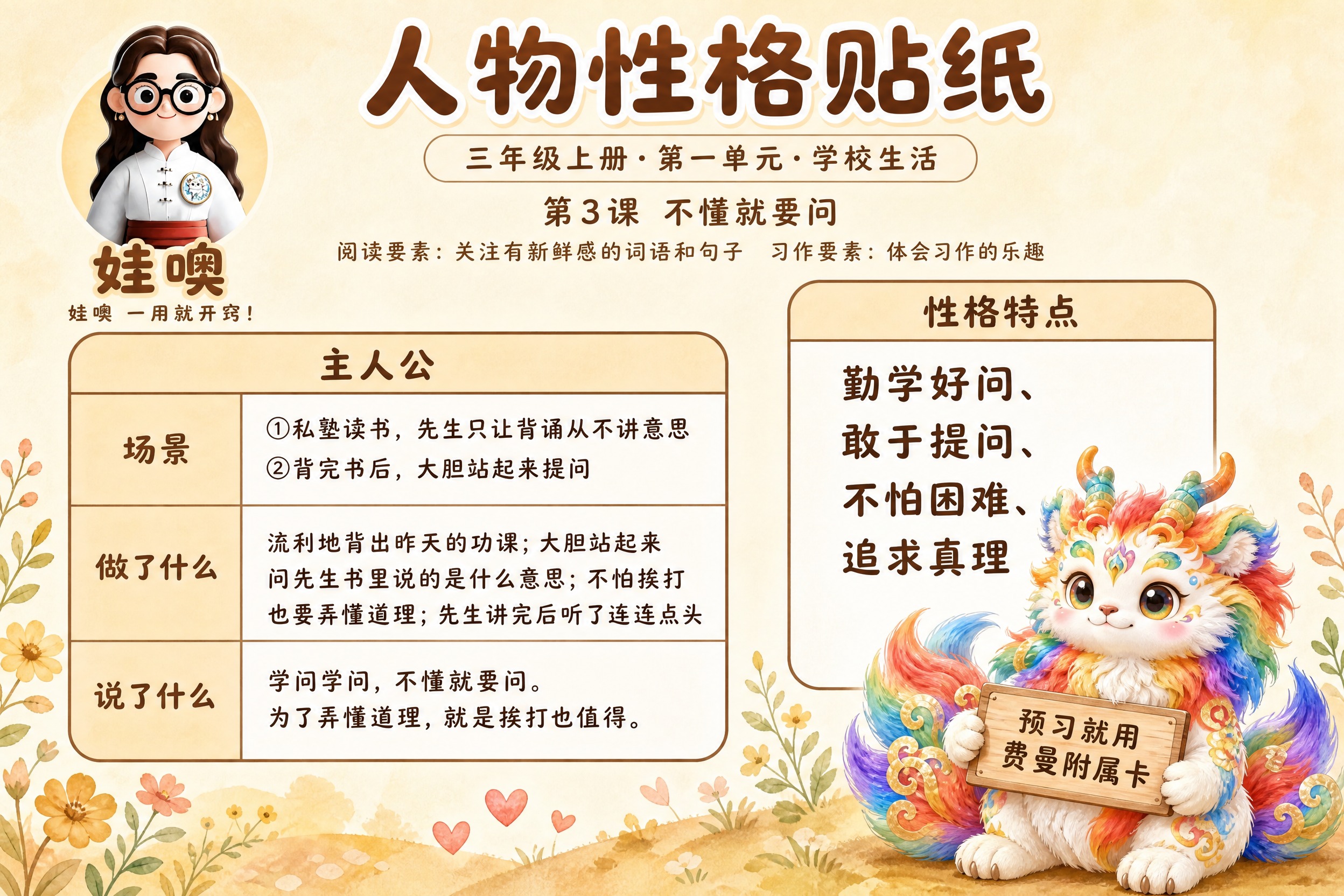 参考图1的版式骨架和暖色调水彩手绘风格，生成A4横版语文学习卡… - 图片创意预览