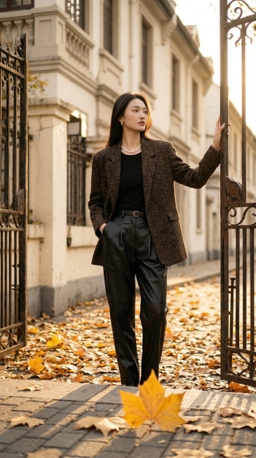 专业时尚胶片大片，同一清冷感亚裔超模，妆容发型服饰配饰不变，全新自然时尚姿势，秋日午后上海老洋房街头场景，金黄梧桐叶，暖金色夕阳逆光，复古胶片色调，细节清晰，时尚杂志质感预览效果