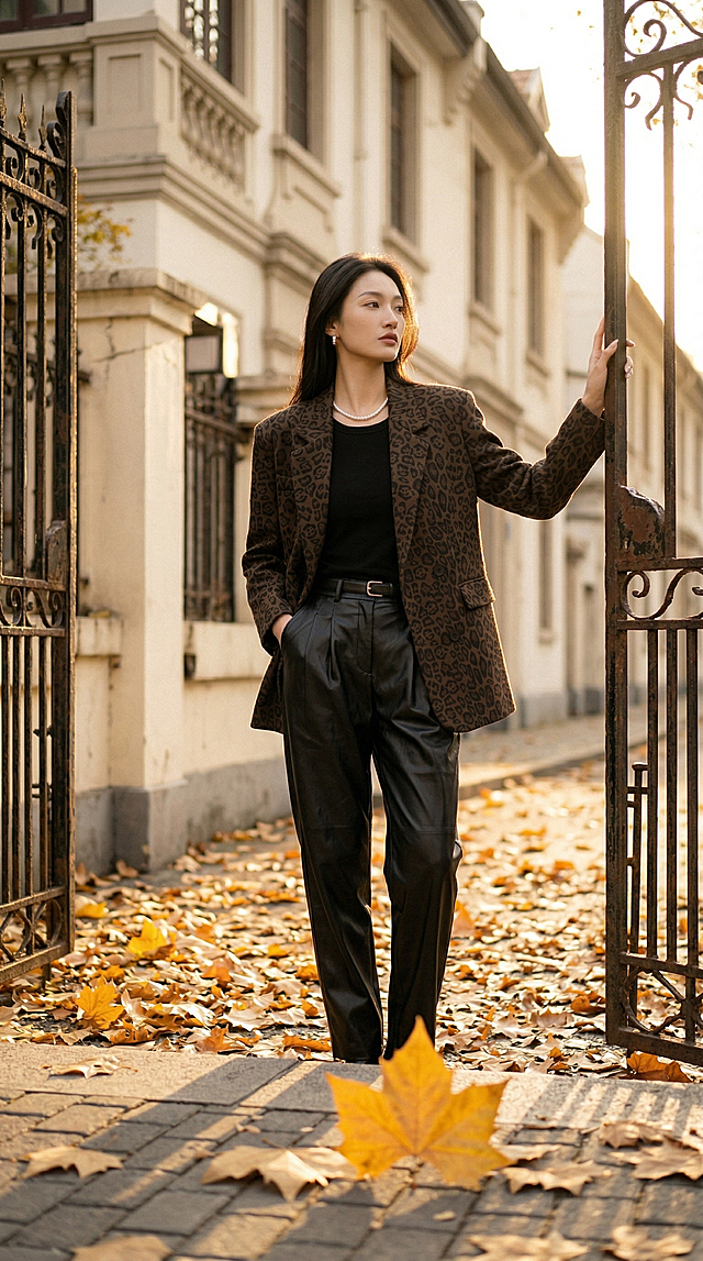 专业时尚胶片大片，同一清冷感亚裔超模，妆容发型服饰配饰不变，全新自然时尚姿势，秋日午后上海老洋房街头场景，金黄梧桐叶，暖金色夕阳逆光，复古胶片色调，细节清晰，时尚杂志质感