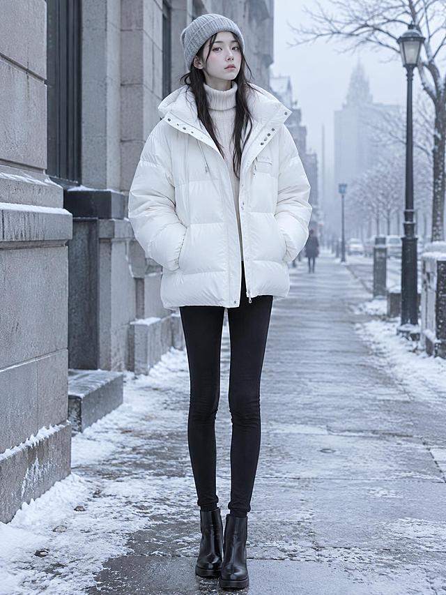 清冷高冷的白月光女孩，身穿纯白色羽绒服，内搭米白色高领毛衣，下身是黑色打底裤，勾勒出纤细笔直的双腿。她头戴一顶简约的浅灰色毛线帽，几缕碎发从帽檐下垂落。脚踩一双黑色简约短靴，利落又显腿长。她站在冬日安静的街头，神情淡漠，下颌微抬，眼神清澈却带着明显的疏离感，唇色浅淡，不笑，姿态挺拔。背景是冷调的冬日光线、浅灰色建筑和淡淡薄雾，整体氛围纯净、高冷、疏离，却让人忍不住心动。自然日光，中性白平衡，5500K色温，真实色彩，绝对不要有任何泛黄的暖色调滤镜，写实照片风格
