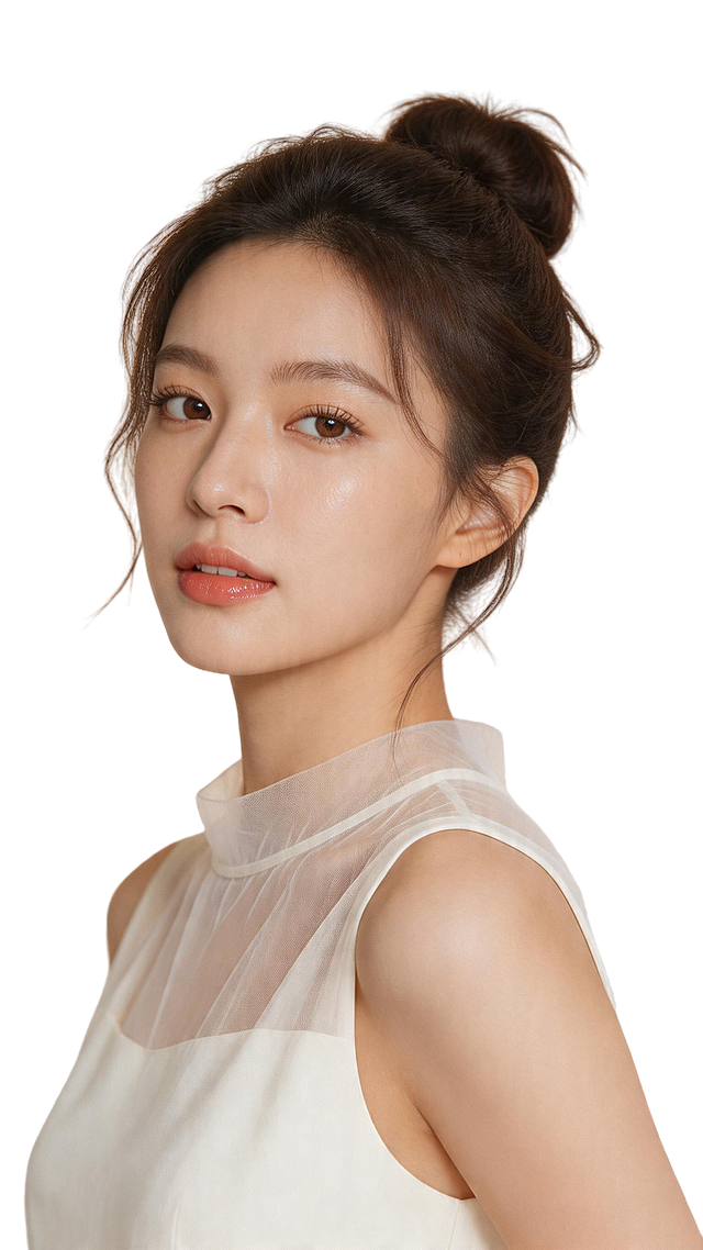 8K超高清高端美业护肤商业人像写实摄影，韩式清透裸妆质感，真人实拍精修画质，极致细腻皮肤肌理，竖版高级氛围感肖像，适配医美、皮肤管理、美妆门店海报、朋友圈宣传、高端形象封面商用素材。一、画面风格与整体色调 1. 摄影风格：轻奢极简高级棚拍人像，简约干净ins高级美学，无杂乱背景元素，人像主体极致突出，光影柔和细腻，无过度磨皮假面感，完整保留原生皮肤通透肌理，是美业通用原生肌质感肖像模板。 2. 整体色彩系统：全画面低饱和暖调莫兰迪色系，背景为统一柔和奶杏暖米色纯色哑光背景；人物发色为自然深棕黑发，妆容是清透伪素颜裸妆，服饰为纯净奶白色，整体色调温润干净、温柔高级，冷暖平衡无刺眼艳色。二、画面元素分层全细节拆解 1. 人物五官与面部细节 东亚温婉气质年轻女生，五官精致柔和流畅，脸型线条圆润顺滑； 眼妆：自然裸色系淡眼妆，根根分明纤长原生睫毛，浅棕柔和眉形，清透卧蚕，眼眸清澈温润； 底妆：极致清透水光原生肌，皮肤细腻通透，自带自然细腻光泽感，完整保留毛孔、皮肤细微肌理，无假面磨皮，呈现健康水光奶嫩肤质； 唇妆：低饱和温柔豆沙蜜桃色镜面润唇，水光饱满质感；面部干净无瑕，神态温婉松弛，气质优雅清冷。 2. 发型造型细节 深棕原生黑发，慵懒低丸子盘发，颅顶蓬松自然；脸颊两侧散落多缕灵动胎毛碎发、鬓角发丝，发丝轻盈微飘，柔和修饰脸型，自带松弛氛围感，发丝根根分明，毛流感质感真实。 3. 服饰穿搭细节 身着纯净奶白色无袖上衣，领口拼接轻盈半透网纱薄纱面料，面料通透柔和、垂坠感高级，简约极简剪裁，干净素雅不抢人物主体视觉，完美衬托温柔高级气质。三、光影、质感与氛围营造 1. 光影效果：正面柔和侧方漫射柔光棚拍光影，无生硬死黑阴影、无强光硬反光；精准打造面部自然轮廓高光，完美还原皮肤水光通透质感、发丝细腻毛流感、薄纱面料轻盈通透肌理，面部光影过渡柔和，氛围感温润高级。 2. 整体氛围：清冷温柔、轻奢高级、原生治愈，纯净素颜美感，东方女性温婉优雅气质，干净松弛的高端美业氛围感。四、镜头视角与构图规范 1. 镜头视角：45°侧颜半身特写镜头，人物微侧转身，面部朝向镜头，完整收纳面部五官、肩颈线条、发型与上身服饰，景别恰到好处，无肢体裁切。 2. 构图规范：9:16竖版居中构图，纯色背景大面积留白，人像主体居于画面视觉中心，版面干净简约，留白充足，完美适配后期添加文案、logo、美业标语排版商用。