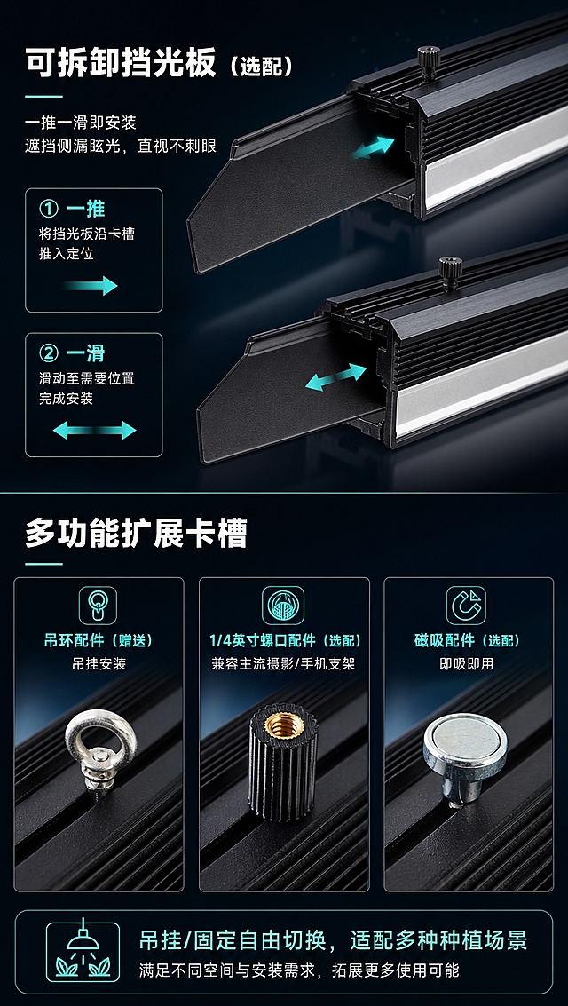 [商品] 使用【图1】【图2】【图3】补光灯配件细节图；【图1】为1/4英寸铜螺母螺口配件，【图2】为吊环挂钩配件，【图3】为磁吸配件；保留各配件金属质感、形状结构和安装方式，保留灯体黑色鳍片散热结构。
[画面] 目标展示可拆卸挡光板与多功能扩展卡槽。上下分栏：上部展示挡光板安装示意（一推一滑），下部三宫格展示三种配件（吊环/1/4螺口/磁吸）及安装方式。配件细节占画面60%。背景为深黑蓝渐变，产品下方有微弱反光台面。
[视觉] 套系策略：风格=深色科技感商业详情页；标题字=现代无衬线粗黑体；正文字=简洁无衬线体；主色=深黑蓝；背景延展=基于深黑蓝做渐变层次、微光粒子、反光台面；强调色=青绿色科技光，仅用于图标、引线和标签；标题色=纯白；正文色=浅灰白；组件=圆角深色信息卡、细线发光引线、配件图标；光影=侧光突出金属质感与细节，底部柔和反光。
[文字] 上部主标题「可拆卸挡光板（选配）」，卖点：一推一滑即安装，遮挡侧漏眩光，直视不刺眼。下部主标题「多功能扩展卡槽」，3个配件卖点：①吊环配件（赠送）吊挂安装 ②1/4英寸螺口配件（选配）兼容主流摄影/手机支架 ③磁吸配件（选配）即吸即用。底部补充：吊挂/固定自由切换，适配多种种植场景。文字左右分布，不遮挡配件细节。
[规格] 图片比例9:16竖版，4K分辨率，负向提示：避免变形、错字、文字过小、配件形状改变、材质失真、竖排文字、旋转文字。
