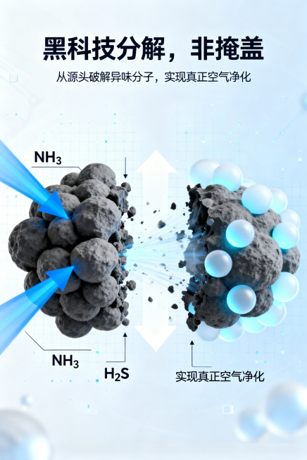2:3竖屏比例，科技蓝风格的抽象原理示意图，蓝白色科技风格背景，点缀着微小的科技网格。画面中心是一个动态分解过程：左侧是一团聚集的、灰黑色、形状不规则的球体，代表氨、硫化氢等异味分子，标注“NH₃”、预览效果