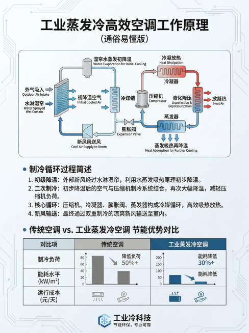 工业科技风，沉稳专业，3:4比例，工业蒸发冷空调工作原理说明模块，搭配清晰的原理流程图解，文字通俗易懂讲解制冷循环过程，对比传统空调突出节能优势，背景为浅白搭配科技线条预览效果