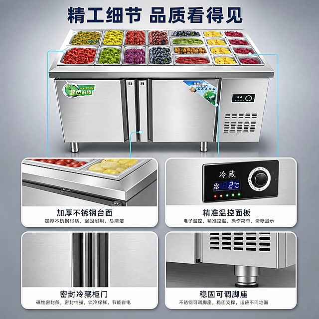 [主图-3] 产品结构细节证据图，展示沙拉台冷藏柜的关键结构部件与材质工艺细节。
[统一基调] 专业商用冷柜视觉风格，冷灰渐变背景搭配不锈钢金属质感，主标题用深蓝色粗体无衬线字体，辅助文字用深灰色，强调色用冰蓝色，整体干净整洁、品质可靠，字体统一为现代无衬线体，卡片与图标采用圆角矩形样式。
[画面] 画面上方保留产品完整主视觉（正面微俯视角度），占画面约50%。下方用2x2共四个圆角细节卡片展示局部放大特写：左上角卡片放大展示不锈钢台面边缘与份数盆嵌入结构，标注"加厚不锈钢台面"；右上角卡片放大展示温控操作面板，标注"精准温控面板"；左下角卡片放大展示双门冷藏柜门缝与密封条，标注"密封冷藏柜门"；右下角卡片放大展示底部支撑脚与散热格栅，标注"稳固可调脚座"。每个放大图都有引线从产品对应部位引出。
[光影质感] 商业摄影质感，主产品光影与首图一致。四个局部放大特写有独立均匀打光，充分展示材质纹理与结构细节，不锈钢拉丝纹理清晰可见，塑料与橡胶部件质感真实。
[配色] 背景深冷灰色渐变，细节卡片白色底配细灰色边框，引线冰蓝色，标注文字深灰色。
[文字版式] 画面顶部居中主标题"精工细节 品质看得见"，字体粗大醒目。每个细节卡片下方或旁边配有短标签文字，字号适中，清晰说明该部位特点。引线从产品具体部位指向对应卡片，连接关系明确。
[输出要求] 比例1:1，文字清晰可读，产品与细节都清晰不变形，无错字，无水印，无平台Logo，结构标注准确。