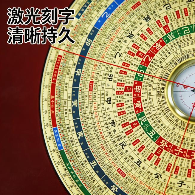 [主图主题] 激光罗盘激光刻字细节特写
[氛围/风格] 中式简约，专业高清，质感突出
[画面元素] 高清微距特写展示罗盘盘面激光刻印文字细节，文字清晰锐利，线条工整，保持原图盘面文字配色和布局，展示激预览效果