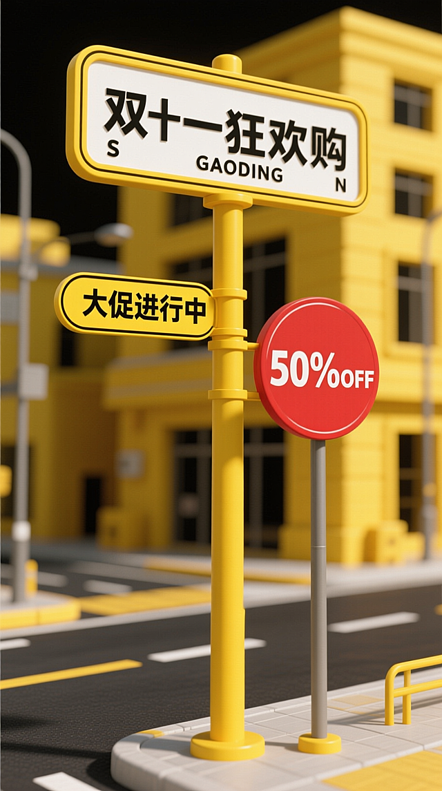 写实3D风格。用醒目的黄、黑对比色，虚化黄色建筑背景。道路指示牌，黄色立柱，上方黄白色主牌写 “双十一狂欢购” 及 “S”“GAODING”“N”；立柱有：黄色圆角矩形路牌 “大促进行中”、红色圆形路牌 “50%OFF”。