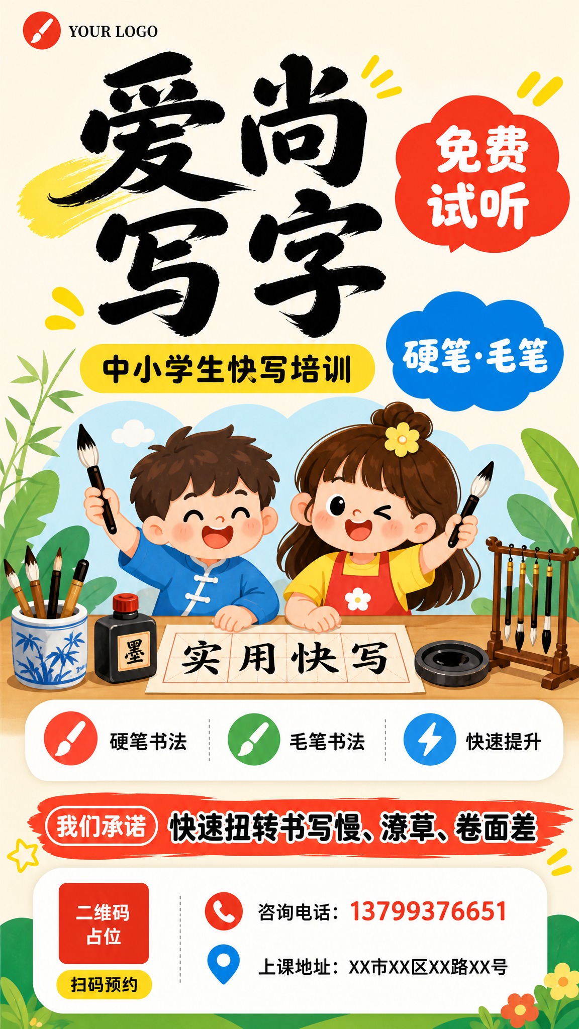 参考图版式复刻的少儿书法培训招生海报，竖版9:16比例，整体风… - 图片创意预览