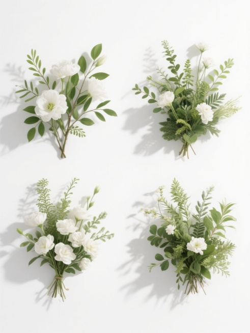 一张展示四个不同花草造型设计素材的图片，每个素材均为白色花朵与绿色植物枝叶的自然组合，采用纯白色背景，整体呈现出简洁、清新、自然的风格。每个花草造型在构图上略有变化，有的以白色花朵为视觉焦点，搭配不同形态的绿色枝叶；有的则更侧重于多种绿色植物的层次感搭配，点缀少量白色花朵。所有花草造型都呈现出自然生长的姿态，枝叶舒展，花朵饱满，具有真实的植物质感和细节，光影效果柔和，阴影自然过渡，四个素材规整……预览效果