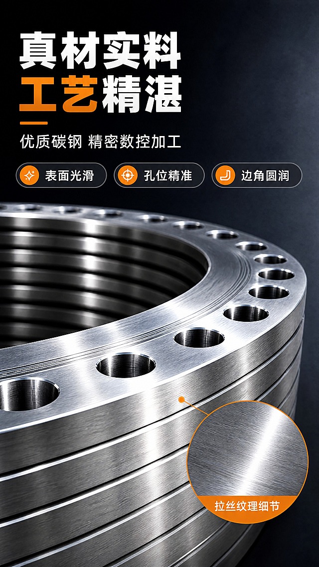 [商品] 使用【图4】碳钢法兰局部细节图；保留法兰孔位、拉丝纹理、金属质感、堆叠层；增强细节清晰度和金属反光，突出精密加工质感，不改变产品结构。
[画面] 目标：结构材质证明，展示碳钢材质与精密数控加工工艺。构图：左文右图（竖版改为上文下图），上部标题+材质说明，下部产品细节大图。产品细节占画面60%，法兰局部特写占据下半部分，孔位和拉丝纹理清晰可见。背景：深灰到黑的渐变背景，突出金属质感。阅读动线：标题→材质说明→产品细节特写→放大标注。
[视觉] 套系策略：风格=工业精密商业摄影风；标题字=粗黑无衬线工业字体；正文字=简洁无衬线体；主色=深蓝灰；背景延展=基于深蓝灰做深浅渐变、金属颗粒质感、冷调工业光影；强调色=活力橙，仅用于小面积标签、图标、分割线和高亮卖点；标题色=纯白/橙色高亮；正文色=浅灰；组件=圆形放大框、引线标注、材质信息卡；光影=侧光突出拉丝纹理和孔位立体感。
[文字] 上部主标题"真材实料 工艺精湛"（8字，白色粗体，"工艺"二字橙色高亮）；副标题"优质碳钢 精密数控加工"（10字）；下方3个圆角卖点条："表面光滑"、"孔位精准"、"边角圆润"；产品图右下角圆形放大框标注"拉丝纹理细节"。文字全部横排。
[规格] 图片比例9:16竖版，4K，负向提示：避免变形、错字、文字过小、法兰结构失真、孔位模糊、卡通感、模糊、水印、二维码。