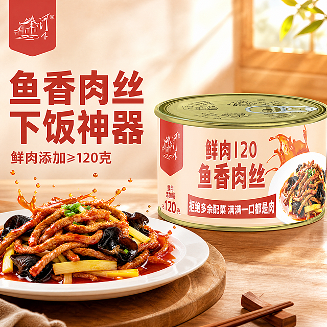 [主图-1] 鱼香肉丝罐头产品点击率首图，将罐头和做好的鱼香肉丝结合展示，营造食欲感。
[氛围风格] 温馨食欲风，暖调美食氛围，刺激食欲；
[画质] 商业摄影质感、光线柔和通透、产品清晰真实、画面干净高级。
[元素] 鱼香肉丝罐头居中放置，旁边摆放一盘做好的成品鱼香肉丝，红亮油润的肉丝清晰可见，搭配油汁飞溅的动态效果，商品主体占比约70%，画面满屏无边框。保持罐头产品外观（物理结构、材质质感、颜色）与输入产品图绝对一致，杜绝任何变形和色差，精细化处理。提取原包装左上角的河下品牌Logo，放置在画面左上角安全区，不遮挡产品主体。背景融入简约温馨实木餐桌环境，增加生活氛围感。
[光影] 自然暖阳逆光，突出鱼肉油亮光泽，通透不灰蒙，暖调光影，高光不溢，暗部有层次，整体氛围感十足。
[配色] 主色调提取产品的暖红和米黄色，搭配原木色餐桌，暖调和谐。
[视角构图] 平视视角，景深中等，产品轮廓完整不裁切。
[文字版式] 大字主文案写"{鱼香肉丝} 下饭神器"，红色粗体无衬线放在左半区负空间，左对齐留安全边距，辅助文案写"鲜肉添加≥120克"，约一半字号同色放在主文案下方，文字清晰可读，不遮挡主体。
[比例分辨率] 1:1比例，4k分辨率，文字清晰锐利，画面超高清。
[负向提示词] 变形，水印，文字错乱，产品图模糊，背景杂乱。