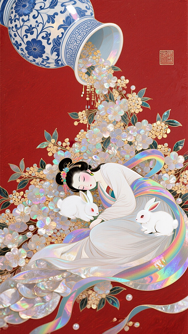 日漫风格，俯视图，大半画面层层叠叠桂花从一个青花瓷瓶里倒出来，瓷瓶呈倾倒在地的状态，嫦娥蜷缩在花堆里睡着了，两只白兔子依偎在一旁，红色背景
