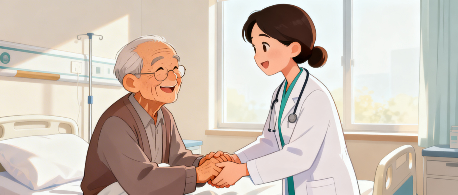 Warm and touching cartoon illustration, 90 year old Chinese old man smiles and holds hand with kind预览效果