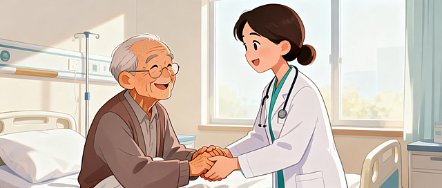 Warm and touching cartoon illustration, 90 year old Chinese old man smiles and holds hand with kind doctor, the background is a bright and clean hospital ward, soft and warm tones, the atmosphere is harmonious and friendly, expressing the deep relationship between doctors and patients and gratitude for healing, no text, exquisite composition, soft and warm overall atmosphere