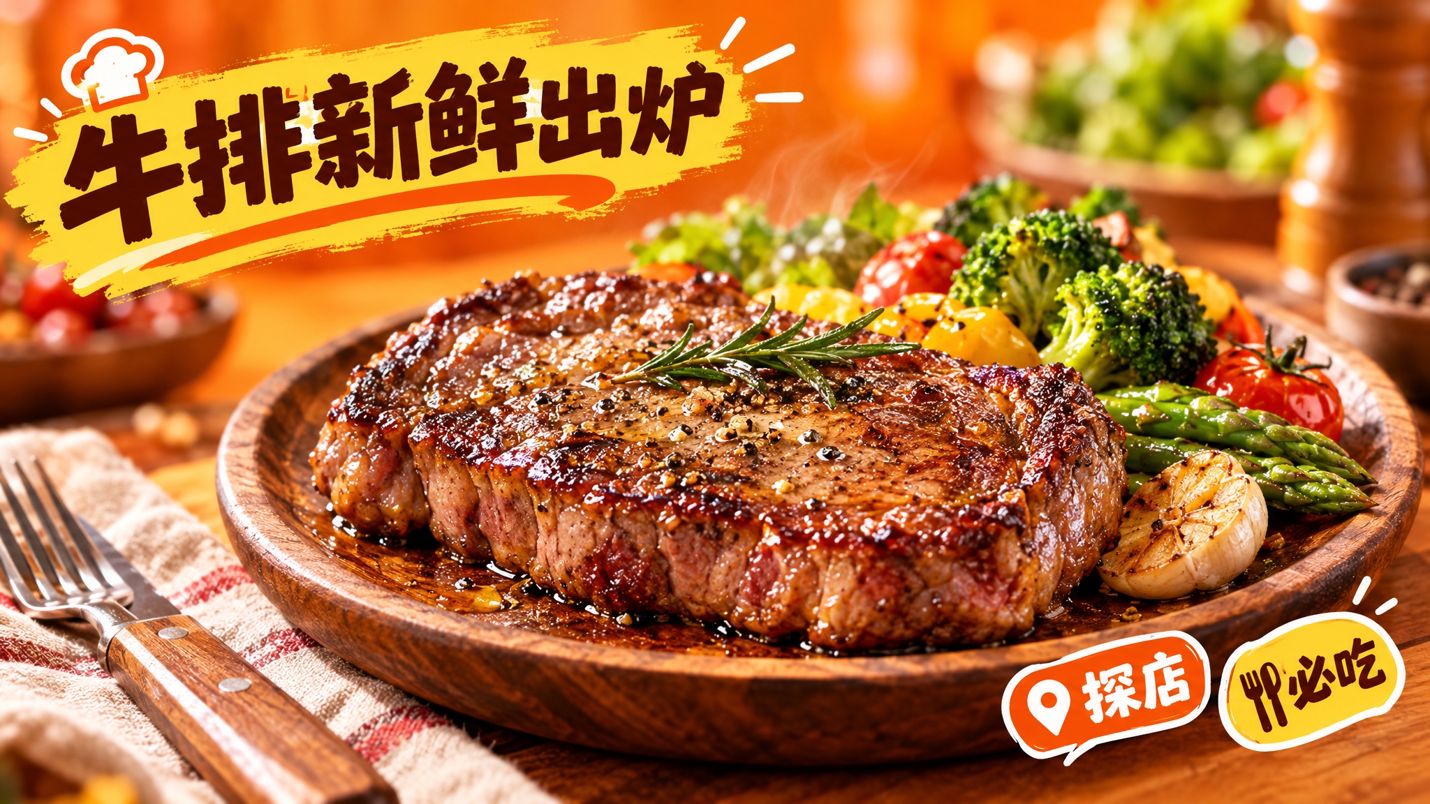 活力美食风格，暖橙色背景，画面中心是一盘色泽诱人的牛排，牛排表… - 图片创意预览