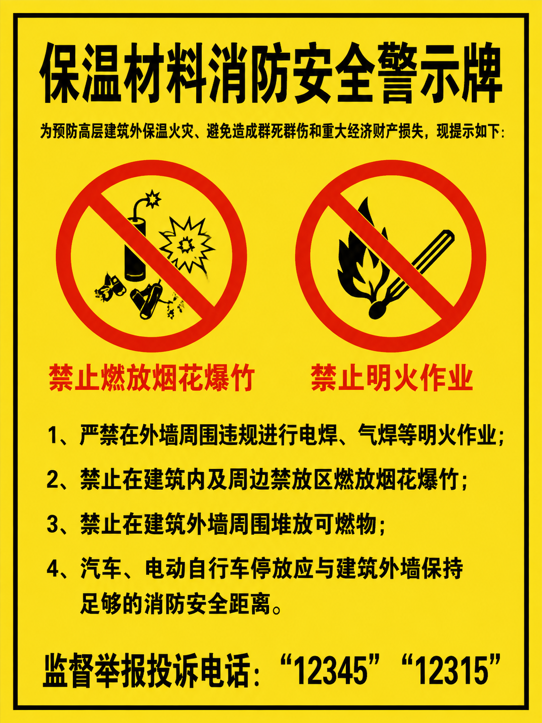 保温材料消防安全警示牌海报，亮黄色背景，黑色粗边框。顶部黑色大… - 图片创意预览