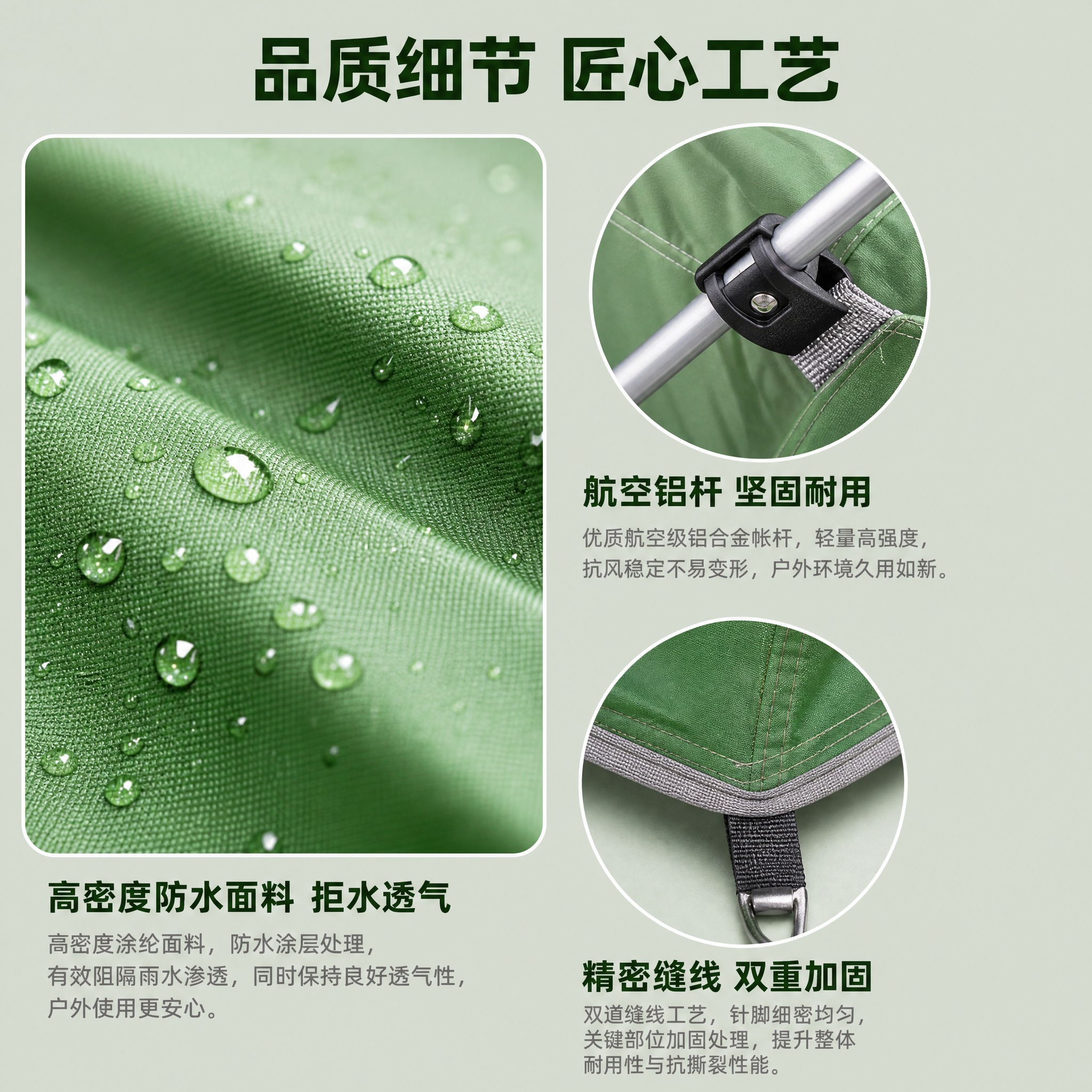 [主图-3] 绿色单人户外露营帐篷材质细节品质展示图，局部放大… - 图片创意预览