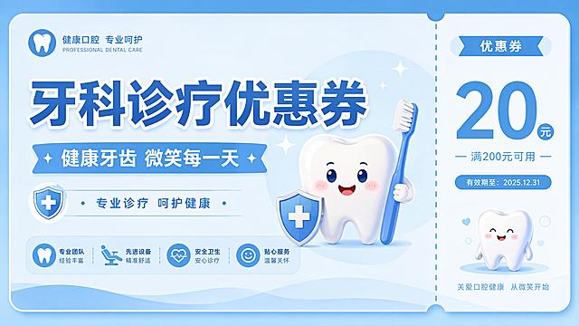 横版牙科诊所诊疗优惠券，简约清新卡通风格，主标题文字"牙科诊疗优惠券"，副标题文字"健康牙齿 微笑每一天"，装饰文字"专业诊疗 呵护健康"，加入可爱的卡通牙齿元素，浅蓝色干净背景，版式精美，文字清晰，整体温馨专业，画面干净，层次分明，适合医疗服务宣传