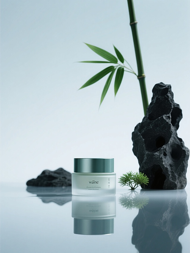 一瓶晚霜特写，后方一个绿色竹叶，倒影，黑色太湖石、小株绿植，东方意境，青色调