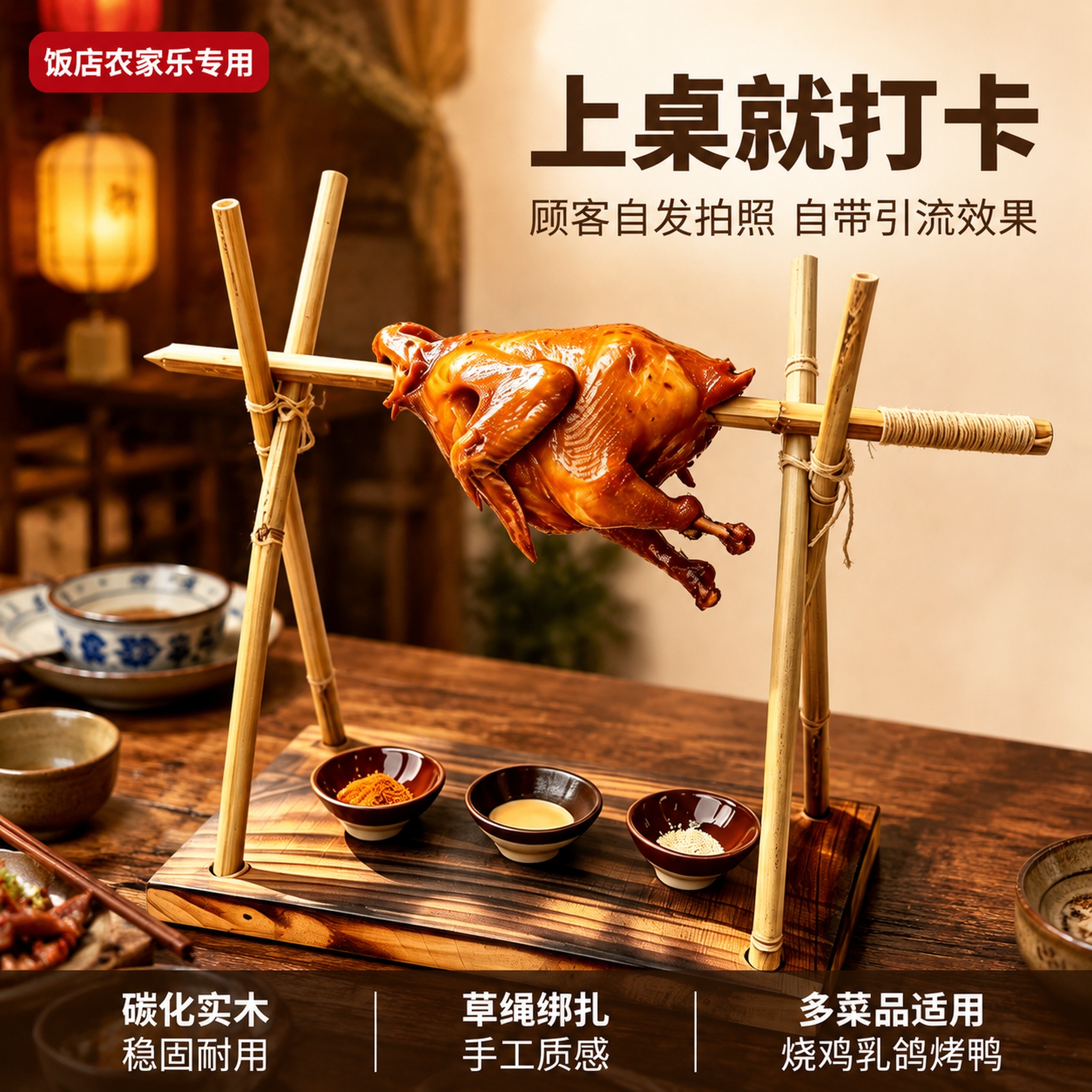 [主图-1] 烧鸡悬挂竹木支架餐饮场景首图 [氛围风格] 乡土… - 图片创意预览
