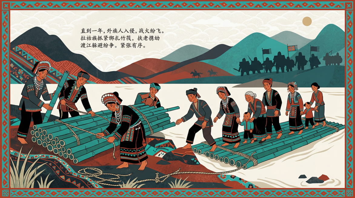 全新原创横版扁平风格绘本插画，外族人入侵拉祜族家园，拉祜族人抓紧绑扎竹筏，扶老携幼渡江躲避纷争，完全遵循参考图的民族扁平插画风格，融入拉祜族传统红黑配色，远景青山，近景江岸，竹筏停靠岸边，族人有序登筏预览效果